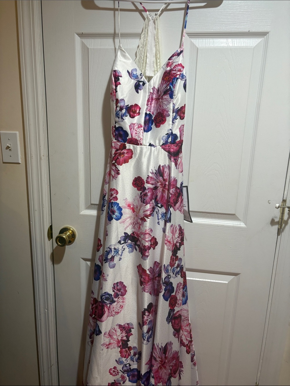 White Floral Maxi Dress with Pink & Purple Print